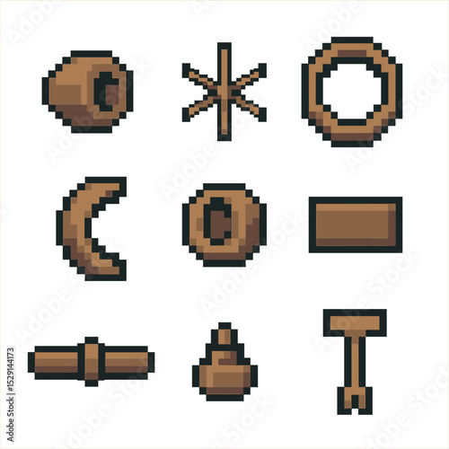 Wagon Wheel Components. Pixel art icon set of wagon wheel parts: hub, spokes, rim, felloe, nave, tire, axle, grease nipple, spoke