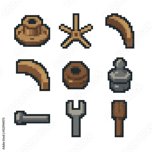 Wagon Wheel Components. Pixel art icon set of wagon wheel parts: hub, spokes, rim, felloe, nave, tire, axle, grease nipple, spoke