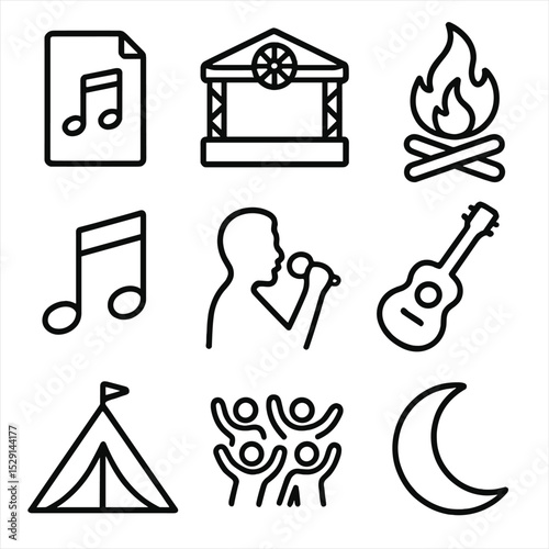 Wagon Wheel Icon Set. Outline icon set of “Wagon Wheel” song festival: sheet music, festival stage, campfire, music note, singer