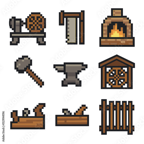 Wagon Wheel Crafting Icons. Pixel art icon set of wagon wheel manufacture: lathe, saw, forge, hammer, anvil, wood workshop, plane