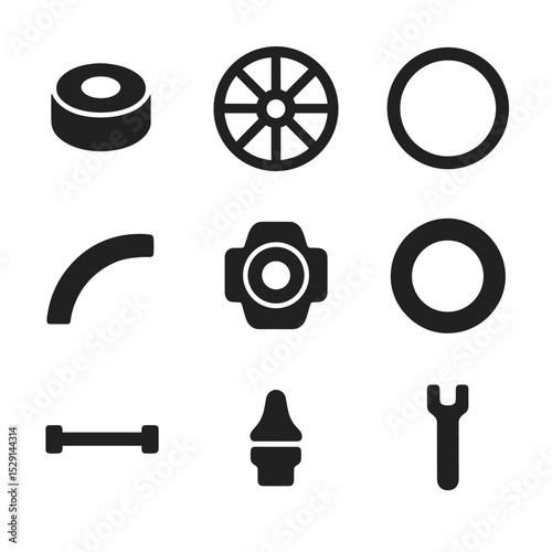 Wagon Wheel Parts Icons. Flat icon set of wagon wheel parts: hub, spokes, rim, felloe, nave, tire, axle, grease nipple, spoke key.
