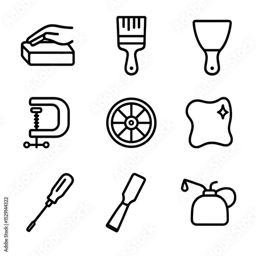 Wagon Wheel Restoration Icons. Outline icon set of wagon wheel restoration: sanding block, paint brush, wood filler, clamp, metal