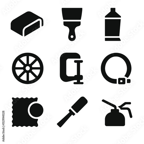 Wagon Wheel Restoration Icons. Solid, Filled icon set of wagon wheel restoration: sanding block, paint brush, wood filler, clamp,