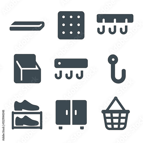 Wall Storage Icons. Flat icon set of wall-mounted storage: floating shelf, pegboard, hook rack, magazine holder, key hook, coat