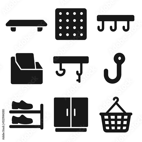 Wall Storage Icons. Solid, Filled icon set of wall-mounted storage: floating shelf, pegboard, hook rack, magazine holder, key hook