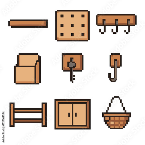 Wall Storage Icons Grid. Pixel art icon set of wall-mounted storage: floating shelf, pegboard, hook rack, magazine holder, key