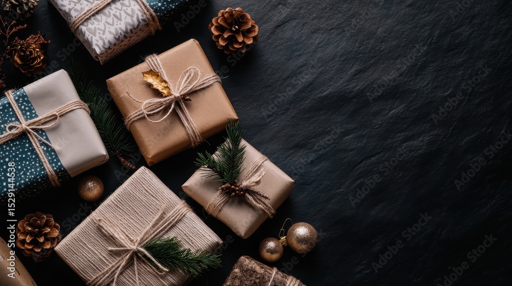 Fototapeta premium A collection of beautifully wrapped Christmas gifts arranged with decorative elements on a dark surface, capturing the spirit of giving and festive decoration.