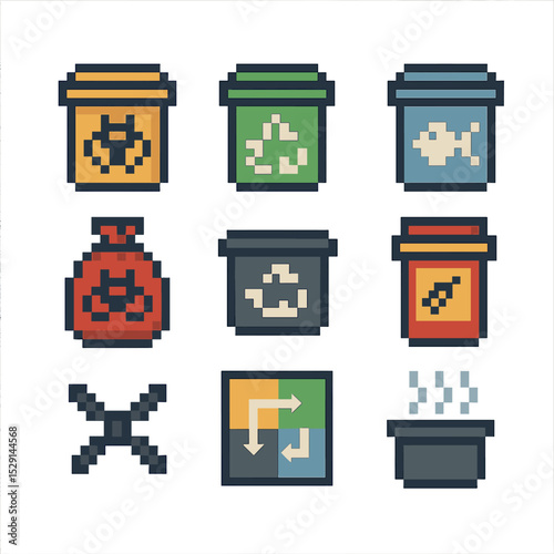 Waste Management Icons. Pixel art icon set of waste management: labeled waste bins, biohazard bag, recycling bin, sharps container