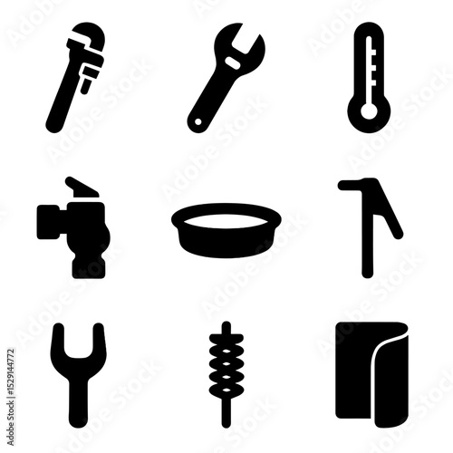 Water Heater Tools Icons. Solid, Filled icon set of water heater service tools: pipe wrench, adjustable wrench, thermometer,