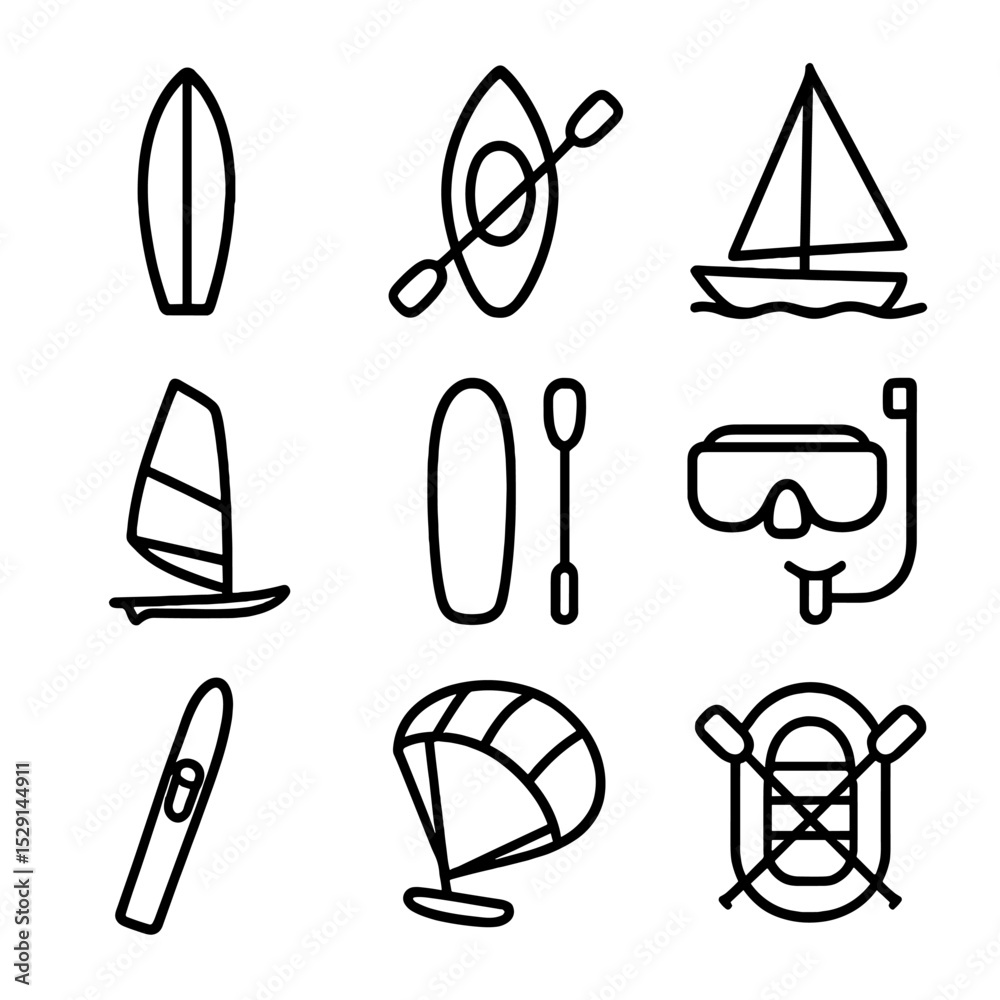 Fototapeta premium Water Sports Icons. Outline icon set of water sports: surfboard, kayak, sailboat, windsurf board, paddleboard, snorkel mask, water