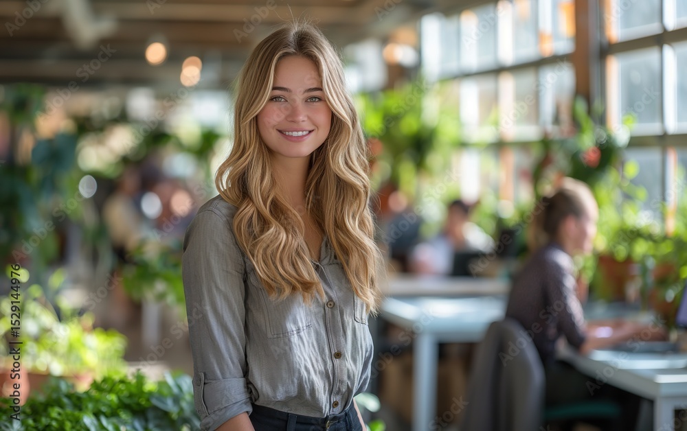 Beautiful blonde woman radiates confidence with genuine smile in contemporary setting. Beautiful blonde woman radiates confidence with genuine smile in contemporary setting.