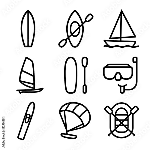Water Sports Icons. Outline icon set of water sports: surfboard, kayak, sailboat, windsurf board, paddleboard, snorkel mask, water