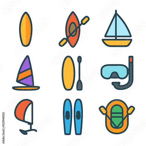 Water Sports Icons. Flat icon set of water sports: surfboard, kayak, sailboat, windsurf board, paddleboard, snorkel mask, water