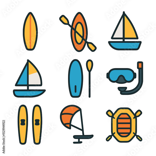 Water Sports Icons. Flat icon set of water sports: surfboard, kayak, sailboat, windsurf board, paddleboard, snorkel mask, water