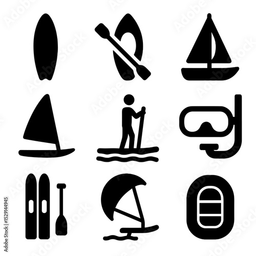 Water Sports Icon Grid. Solid, Filled icon set of water sports: surfboard, kayak, sailboat, windsurf board, paddleboard, snorkel