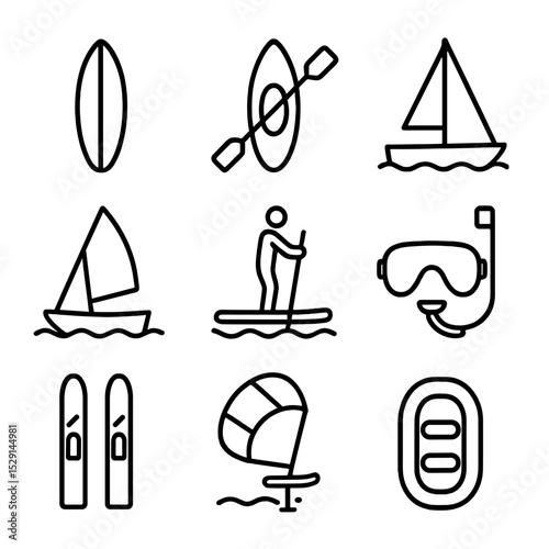 Water Sports Icons. Outline icon set of water sports: surfboard, kayak, sailboat, windsurf board, paddleboard, snorkel mask, water