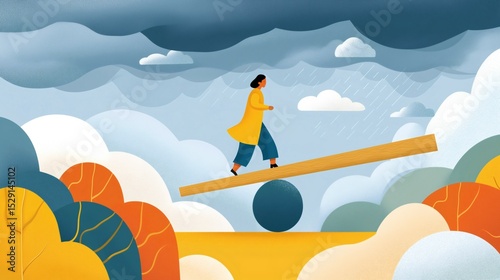 A figure navigates a seesaw in a stylized landscape filled with vibrant trees and dark clouds. The composition captures a sense of balance and tension between opposing elements