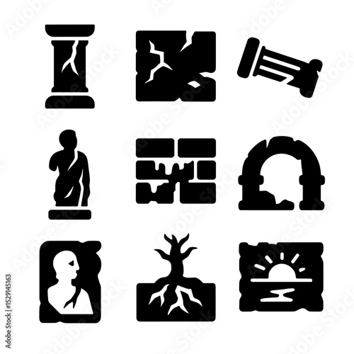 Weathered Structures Icons. Solid, Filled icon set of weathered structures: cracked pillar, eroded wall, fallen column, weathered