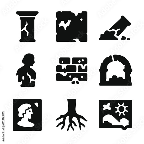 Weathered Structures Icons. Solid, Filled icon set of weathered structures: cracked pillar, eroded wall, fallen column, weathered