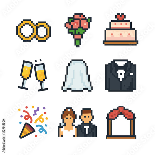 Wedding Pixel Art. Pixel art icon set of wedding love: wedding rings, bridal bouquet, wedding cake, champagne glasses, veil,