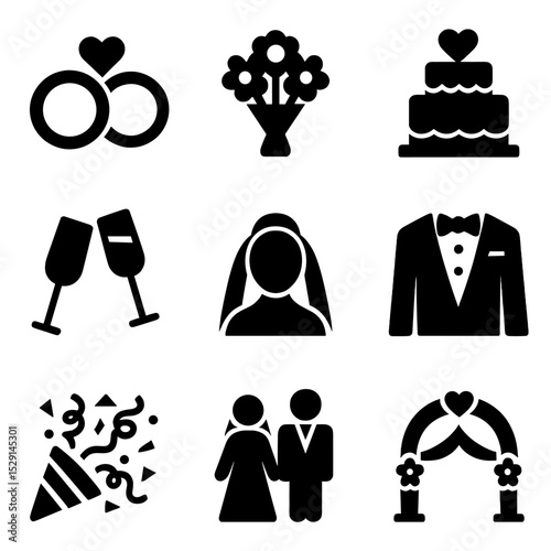 Wedding Icon Grid. Solid, Filled icon set of wedding love: wedding rings, bridal bouquet, wedding cake, champagne glasses, veil,