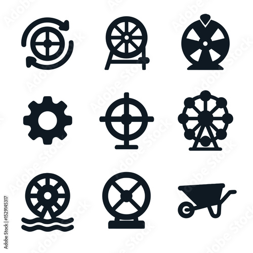 Wheel Icon Set. Solid, Filled icon set of wheel-related idioms: turning wheel, spinning wheel, wheel of fortune, cog in machine,