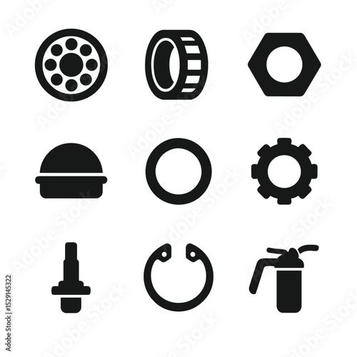 Wheel Bearing Icons. Solid, Filled icon set of wheel bearings and hardware: ball bearing, roller bearing, axle nut, grease cap,