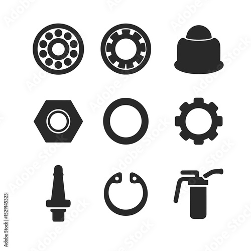 Wheel Bearing Icons. Flat icon set of wheel bearings and hardware: ball bearing, roller bearing, axle nut, grease cap, bearing