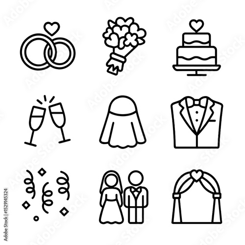 Wedding Icon Set. Outline icon set of wedding love: wedding rings, bridal bouquet, wedding cake, champagne glasses, veil, tuxedo,