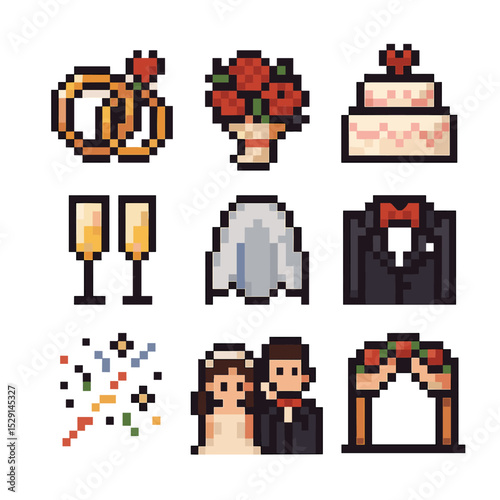 Wedding Pixel Art. Pixel art icon set of wedding love: wedding rings, bridal bouquet, wedding cake, champagne glasses, veil,