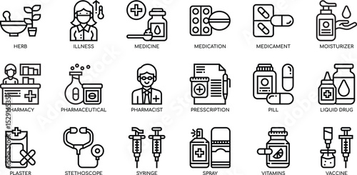 Comprehensive Medical Icons Pharmacy, Medicine, Healthcare, and Pharmaceutical Line Art Graphics