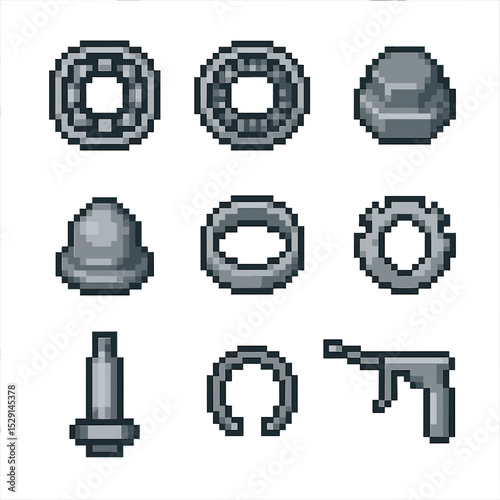 Wheel Bearings Pixel Art. Pixel art icon set of wheel bearings and hardware: ball bearing, roller bearing, axle nut, grease cap,