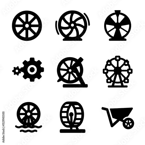 Wheel Icon Set. Solid, Filled icon set of wheel-related idioms: turning wheel, spinning wheel, wheel of fortune, cog in machine,
