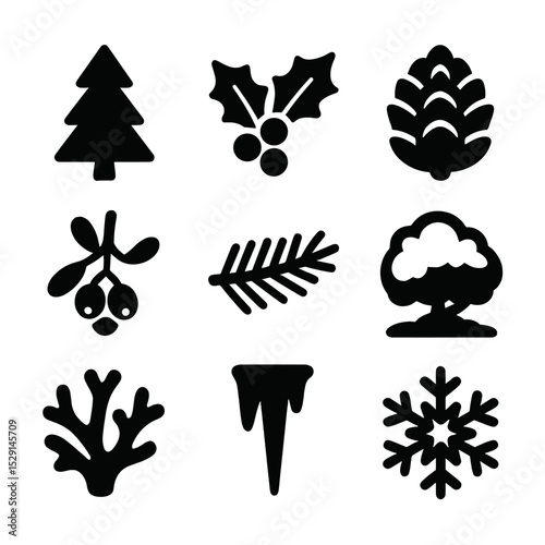 Winter Flora Icons. Solid, Filled icon set of winter mountain flora: pine tree, holly berry, fir cone, mistletoe, evergreen branch