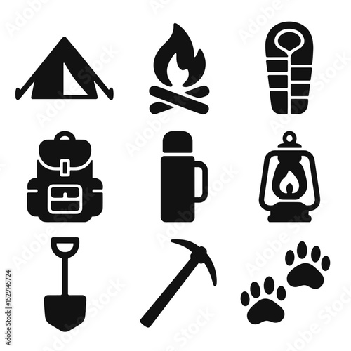 Winter Camping Icons. Solid, Filled icon set of winter camping essentials: tent, campfire, sleeping bag, backpack, thermos,