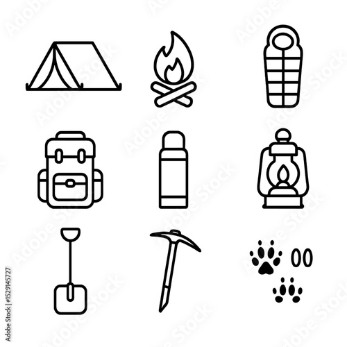 Winter Camping Essentials Icons. Outline icon set of winter camping essentials: tent, campfire, sleeping bag, backpack, thermos,