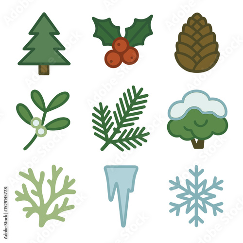 Winter Flora Icons. Flat icon set of winter mountain flora: pine tree, holly berry, fir cone, mistletoe, evergreen branch,