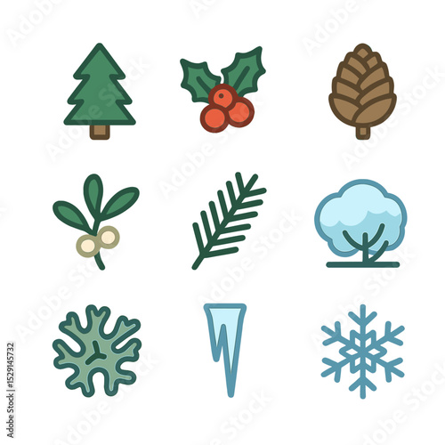 Winter Flora Icons. Flat icon set of winter mountain flora: pine tree, holly berry, fir cone, mistletoe, evergreen branch,