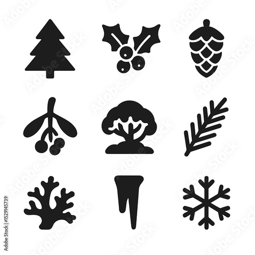 Winter Flora Icons. Solid, Filled icon set of winter mountain flora: pine tree, holly berry, fir cone, mistletoe, evergreen branch
