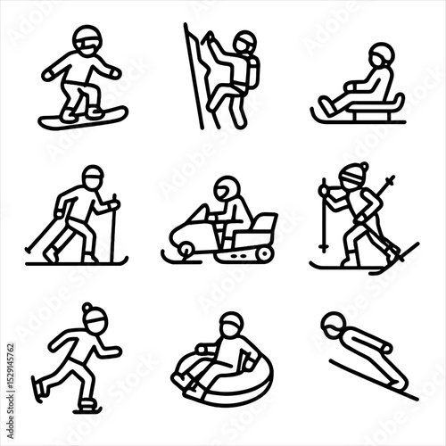 Winter Sports Icon Set. Outline icon set of winter sports activities: snowboarding, ice climbing, sledding, cross-country skiing,