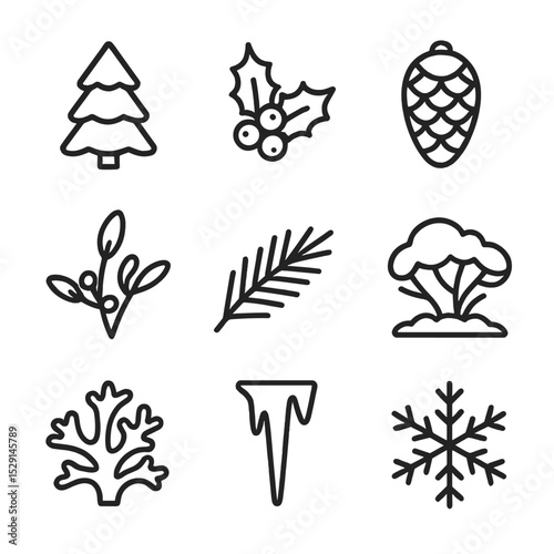 Winter Flora Icons. Outline icon set of winter mountain flora: pine tree, holly berry, fir cone, mistletoe, evergreen branch, snow