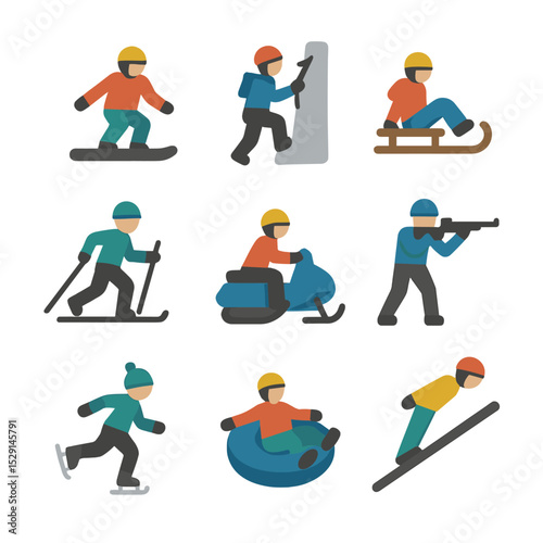 Winter Sports Icons. Flat icon set of winter sports activities: snowboarding, ice climbing, sledding, cross-country skiing,