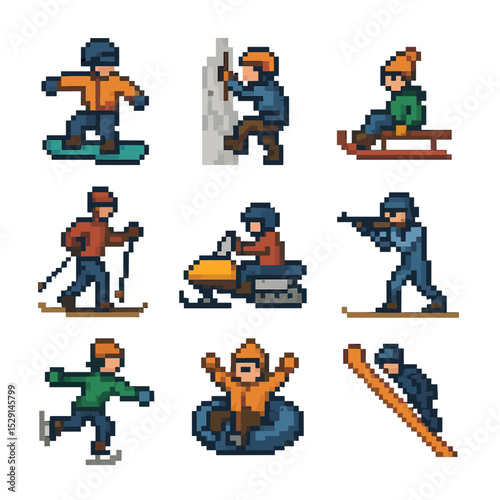 Winter Sports Icons. Pixel art icon set of winter sports activities: snowboarding, ice climbing, sledding, cross-country skiing,