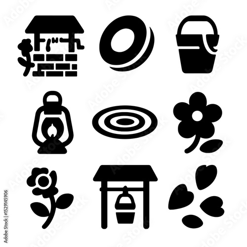 Wishing Well Icons. Solid, Filled icon set of wishing well: stone well, coin, bucket, rope, wooden cover, rose vine, lantern,