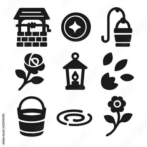 Wishing Well Icons. Solid, Filled icon set of wishing well: stone well, coin, bucket, rope, wooden cover, rose vine, lantern,