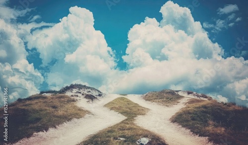 Two paths diverge on a hilltop, beneath a vibrant sky filled with fluffy clouds