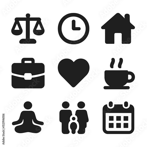 Work-Life Balance Icons. Solid, Filled icon set of work-life balance: scale, clock, house, briefcase, heart, yoga pose, family