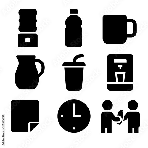 Workplace Hydration Icons. Solid, Filled icon set of workplace hydration: office water cooler, desk bottle, glass mug, communal