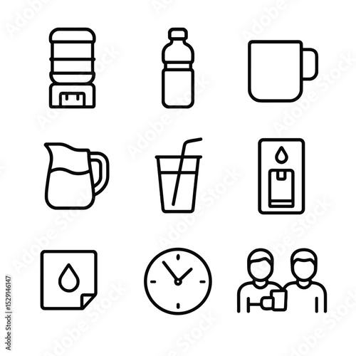 Workplace Hydration Icons. Outline icon set of workplace hydration: office water cooler, desk bottle, glass mug, communal jug,