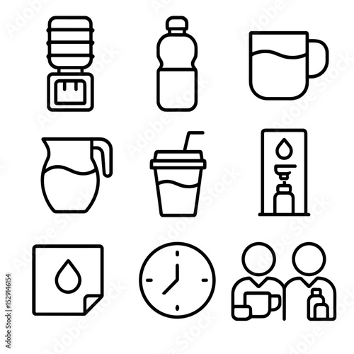 Workplace Hydration Icons. Outline icon set of workplace hydration: office water cooler, desk bottle, glass mug, communal jug,